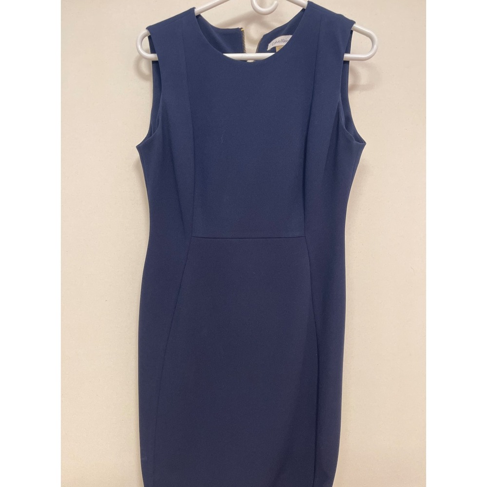 Calvin Klein Navy Blue Sleeveless Sheath Dress Gold Back Zip Size 10